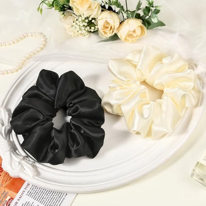 2 PCS Black Beige Jumbo Satin Silky Scrunchies 6.5 Inches Oversized Scrunchie Extra Large Big Hair Ties Ponytail Holder for Thick Curly Hair Women (Black, Beige) - color: Black, Cream