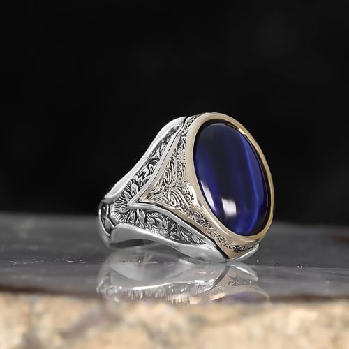 Mens Oval Blue Tiger Eye Signet Ring Premium Silver Plated Stainless Steel Vintage Engraved Statement Ring for Men