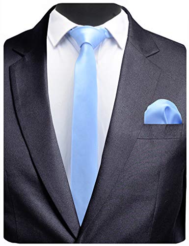 GUSLESON 2.4" Slim Necktie and Handkerchief Set For Men Solid Skinny Tie Set - color: Blue
