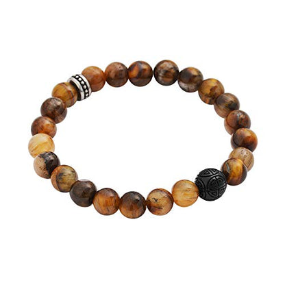 Geoffrey Beene Natural Stone Elastic 9mm Beaded Bracelet with Black Good Fortune Piece - color: Brown Tiger Eye