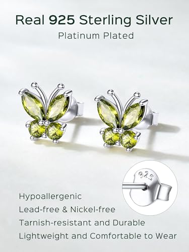 ChicSilver 925 Sterling Silver Bow/Butterfly Earrings for Women Hypoallergenic Birthstone Earrings Dainty Bow/Butterfly Jewelry Gift for Women - color: Butterfly-August-Peridot