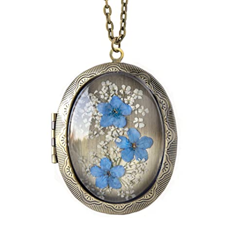 Handmade Oval Shaped Photo Locket with dried Pressed Flowers Locket pendant Necklace - style: Forget Me Not