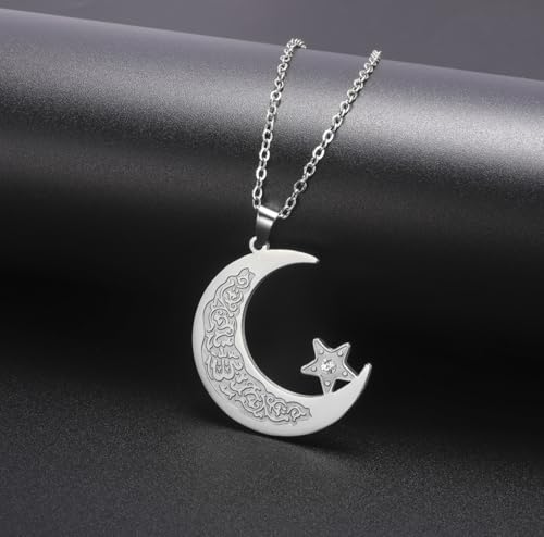 Islamic Ayatul Kursi Necklace Muslim Crescent Moon and Star Pendant Arabic Calligraphy Allah Amulet Religious Jewelry Eid Ramadan Gift for Women Men - color: silver