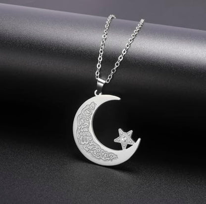Islamic Ayatul Kursi Necklace Muslim Crescent Moon and Star Pendant Arabic Calligraphy Allah Amulet Religious Jewelry Eid Ramadan Gift for Women Men - color: silver