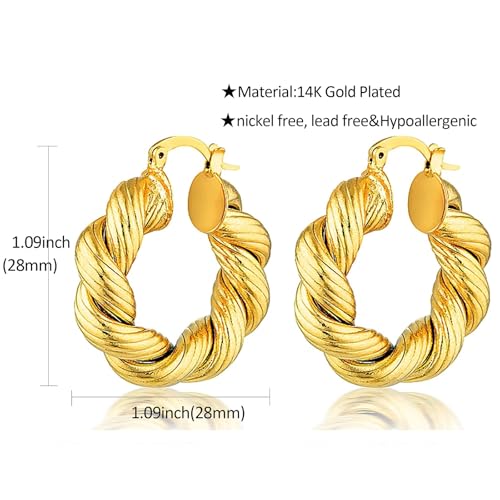Chunky Gold Hoop Earrings for Women 14k Gold Plated Thick Triple Earrings | Hypoallergenic Trendy Chunky Gold Hoops Earrings,Dainty Jewelry Gifts for Women - style: Gold Braided Hoop Earring