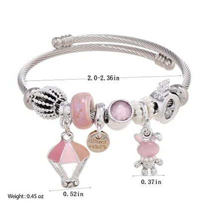 DS Charm Bracelets for girls,exquisite cute cartoon friendship bracelets Silver Stainless Steel Bangle with birthday Gift box, Adjustable girls jewelry Suitable for holiday gifts - style: Silver-pink rabbit
