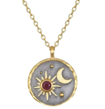 Gold Sun Moon and Stars Pendant Necklace with Birthstone Crystals as Center of Sun, Two-Tone Stainless Steel, Celestial Theme, Astrology Gift for Women, 16-20 Inch Adjustable Cable Chain - color: July Ruby