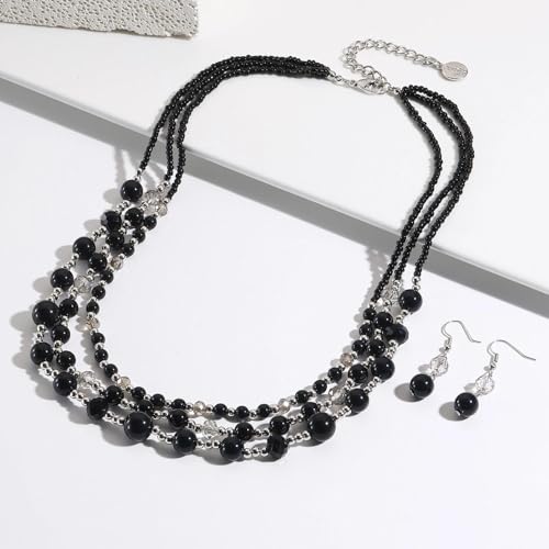 Coiris Layered Pearl Necklace and Earring Set for Women Boho Beaded Statement Choker with Faux Pearls Chunky Costume Jewelry for Wedding Party Beach Vacation Gift - color: Black