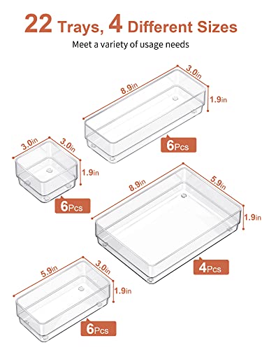 SMARTAKE 22 PCS Drawer Organizer, 4-Size Desk Bathroom Drawer Organizer | 4-Size Storage Tray with Non-Slip Silicone Pads for Makeup, Jewelries, Utensils in Bedroom Dresser, Office and Kitchen, Clear - size: Large