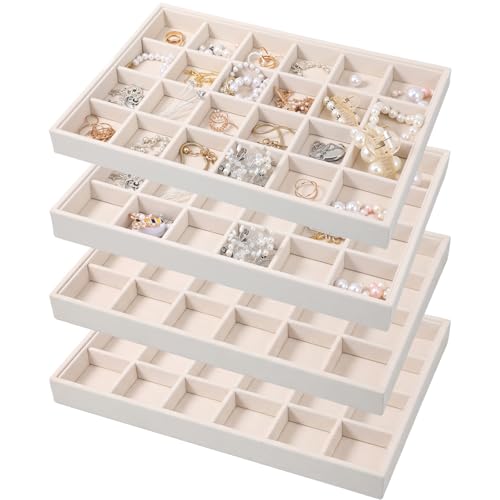 Unittype Set of 4 Stackable Jewelry Organizer Tray for Drawer Inserts Velvet Necklace Earring Bracelet Ring Holder Jewelry Display Storage Box for Bangle Stud Necklace Ring(24 Grid,Beige) - color: Beige, style: 24 Grid
