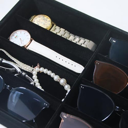 Coward Sunglass Organizer, Black Velvet Glasses Trays, Eyeglasses Watches Jewelry Display - Men Women (8 Grids) - color: Black Velvet, size: Sunglasses Tray