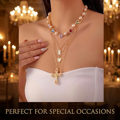 Gold Cross Layered Necklaces for Women,Colorful Crystal Drop Necklace,Gold Cross Pendant Necklace Stack,Fashion Long Tassel Chest Chain Jewelry Layered Rhinestone Neck Chain Accessories - color: Gold-3