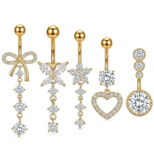 5Pcs Gold Belly Button Rings, Dangle Belly Rings, Belly Piercing Jewelry, 14G Stainless Steel Navel Piercing with Cute Heart Flower Butterfly Dangle Belly Ring