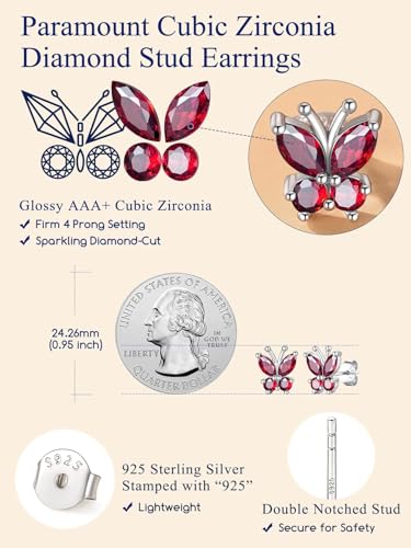 Suplight Butterfly Stud Earrings 925 Sterling Silver 14K Gold Brithstone Earrings for Women Brithstone Jewelry Gifts - color: 07.July( Ruby), size: Silver