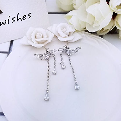 YOQUCOL Angel's Wings Cubic Zirconia Crystal Ear Climber Long Drop Dangle Earring for Women