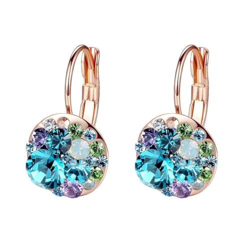 Multicolored Austrian Crystal Leverback Earrings for Women 14K Gold Plated Dangle Hoop Earrings Hypoallergenic Jewelry - color: Blue Green Crystals/Rose Gold-tone
