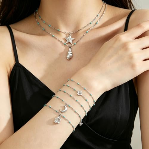 6 PCS Enamel Beaded Chains Bracelet Stainless Steel Link Bracelets | 6.7"+1.18", With Extender Chain, Fashion Jewelry Set, Gift For Women, Colorful, No Fade - color: Turquoise Silver