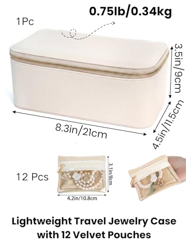 Hacaroa Large Travel Jewelry Case with 12 Velvet Pouches, 8.3 x 4.5 x 3.5 inches Jewelry Storage Organizer Box PU Leather, Clear Necklace Earrings Rings Bags for Women Wedding Gifts, Cream White