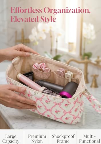 TeeYee Nylon Hair Tools Travel Bag for Dyson Airwrap Quilted Toiletry Bag | Travel Storage Bag for Shark Flexstyle/Curling Iron,Water-repellent,Wide-open,Well-structured,Heat-safe lining,pinkbow-boho - color: Pinkbow-boho