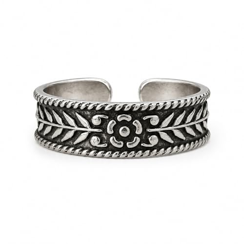 Sterling Silver Toe Ring, Adjustable Open Band, Handmade | Fits Toe, Knuckle or Pinky Ring | One Size Fits Most | Comfortable to Wear | Minimalist Style | Water Resistant - style: Floral Oxidized Band
