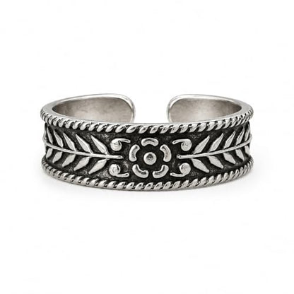 Sterling Silver Toe Ring, Adjustable Open Band, Handmade | Fits Toe, Knuckle or Pinky Ring | One Size Fits Most | Comfortable to Wear | Minimalist Style | Water Resistant - style: Floral Oxidized Band