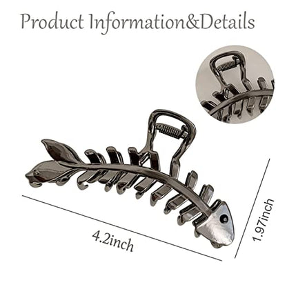 Hair Clip - Metal Black Fish Bone Shape Hair Clip - 4.3 inch - Hairpin Claw Clip for Women and Girls - Large Fishbone Claw Clip Hair Accessory - Mysterious Black - color: Black Fishbone