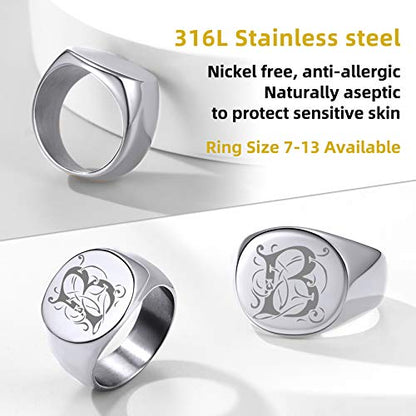 GoldChic Jewelry Personalized Signet Rings Men Women, Stainless Steel Custom Photo Bold Square/Oval Monogram/Old English Initial Pinky Stacking Statement Ring in Black/Silver/Gold (Size 7-14) - color: Steel-Initial -Round