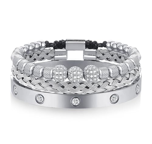 WFYOU 3PCS Stainless Steel Imperial Crown Bracelets for Men Gold Roman Numeral Bangle Bracelet Adjustable Cuff Bracelet Mens Luxury Jewelry Gifts - style: 11:Silver-Ball CZ