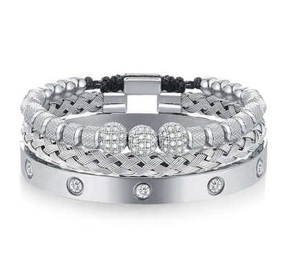 WFYOU 3PCS Stainless Steel Imperial Crown Bracelets for Men Gold Roman Numeral Bangle Bracelet Adjustable Cuff Bracelet Mens Luxury Jewelry Gifts - style: 11:Silver-Ball CZ