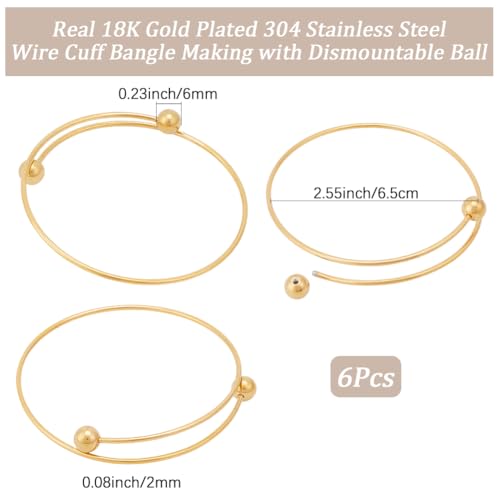 Beebeecraft 6Pcs 2.6 Inch Stainless Steel Adjustable Bangle Bracelet with Removable Ball Bead Real 18K Gold Plated Expandable Blank Bangle Bracelets Blank Cuff Wire Bracelets for Jewelry Making - color: Gold, size: 6.5cm