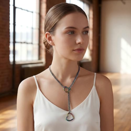Slip Chain Choker for Women Handmade Black Stainless Steel Cuban Chain Chunky Moon Bat Raven Skull Pendant Gothic Punk Rock Collar Adjustable Lariat Y Necklace for Men - style: Rainbow Heart