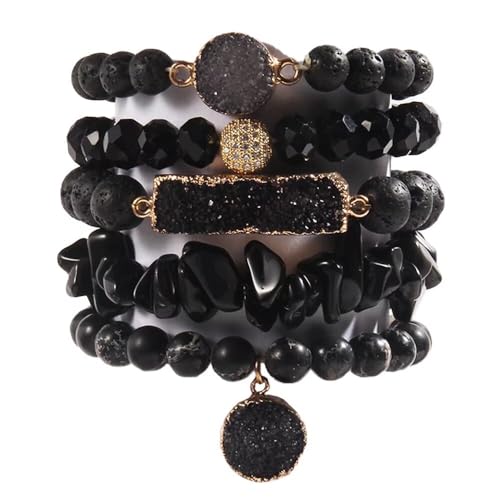 Yomisa 5PCS 6PCS Natural Boho Beaded Bracelets/Bangle for Women Men,Healing Turquoise Jasper Agate Crystal Gemstone Stone Chakra Multilayer Wrap Bohemian Handmade Jewelry Beads Stretch Bracelet Set - color: 5PCS-Black