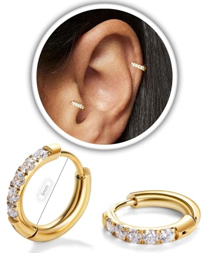 CZ Huggie Earrings for Women, Stainless Steel Hinged Small Hoop Earrings, Select Sizes, Colors and Sets for Cartilage Helix Lobe Ear Stack Jewelry - color: Gold, size: 6mm (THK:1.6mm)