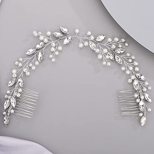 Chargances Bridal Pearl Crystal Hair Vine Comb Wedding Silver Long Headband Hair Comb Fashion Handmade Headpiece Bridal Hair Accessories for Wedding Prom Flower Girl (Silver) - color: Silver