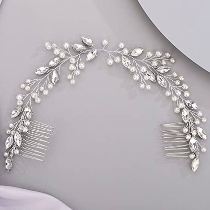 Chargances Bridal Pearl Crystal Hair Vine Comb Wedding Silver Long Headband Hair Comb Fashion Handmade Headpiece Bridal Hair Accessories for Wedding Prom Flower Girl (Silver) - color: Silver