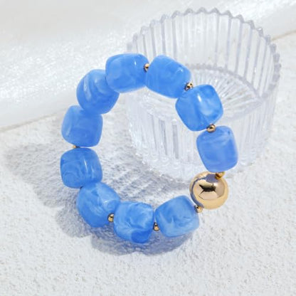 Multicolor Chunky Beaded Bracelet for Women Bold Acrylic Resin Stretch Bracelet Summer Beach Statement Bracelets Trendy Elastic Bangle Jewelry - color: Bead bracelet-light blue