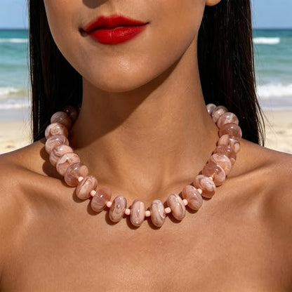 Beaded Necklace for Women Statement Chunky Necklace Boho Bead Choker Acrylic Big Bead Necklaces Summer Beach Jewelry for Women - color: Khaki