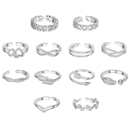 12PCS Toe Rings for Women 14K Gold/Silver Plated Adjustable Toe Ring Set Open Heart Arrow Infinity Rings Beach Foot Jewelry for Summer - color: Silver
