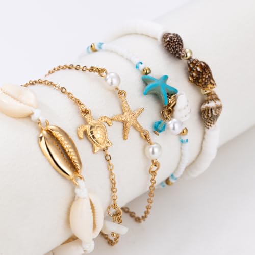 Beaded Anklet Bracelets For Women Waterproof Gold Anklets Jewelry Set Stack | non tarnish free pearl puka seashell beach boho stretchy anklet for summer dainty and tewiky gold plated - color: Blue Starfish