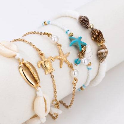Beaded Anklet Bracelets For Women Waterproof Gold Anklets Jewelry Set Stack | non tarnish free pearl puka seashell beach boho stretchy anklet for summer dainty and tewiky gold plated - color: Blue Starfish