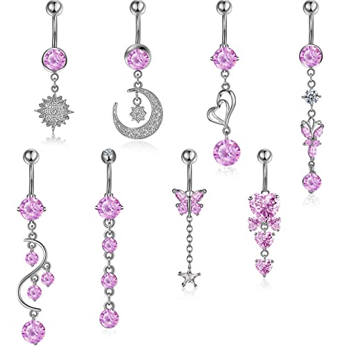 Hicarer 8 Pieces 14G Belly Button Rings Steel Long Dangle Navel Ring CZ Body Piercing Jewelry - color: silver pink