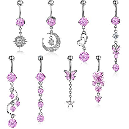 Hicarer 8 Pieces 14G Belly Button Rings Steel Long Dangle Navel Ring CZ Body Piercing Jewelry - color: silver pink