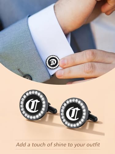 FindChic Stainless Steel Round Cufflinks with Custom Text/Picture/Monogram Letters 18K Gold Plated/Black Color for Men Groom Suits Shirts, with Gift Box - style: 03. CZ custom letters (black)