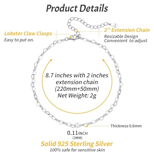 ChicSilver 925 Sterling Silver Ankle Bracelet for Women, Simple Cuban Link/Figaro/Twist Rope Chain Anklets for Beach Party(with Gift Box) - style: 10: Heart Chain