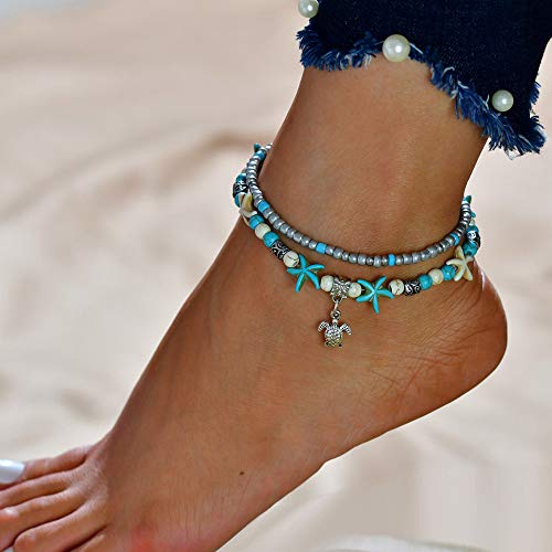 Starain Blue Turtle Anklets for Women Multilayer Beads Handmade Beach Ankle Bracelet Set Boho Foot Jewelry - color: Turtle Beaded Anklet