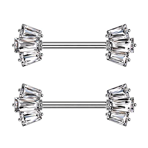 Pierced Owl 14GA 316L Stainless Steel CZ Crystal Baguette Crown Ends Nipple Barbells, Sold as a Pair - style: Silver Tone