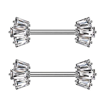 Pierced Owl 14GA 316L Stainless Steel CZ Crystal Baguette Crown Ends Nipple Barbells, Sold as a Pair - style: Silver Tone