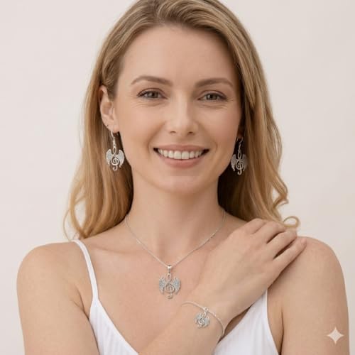 SUPAC Musical Note Jewelry Set, 4-Piece Silver Treble Clef Design, Necklace Bracelet Earrings Keychain - color: Silver/Rose Gold