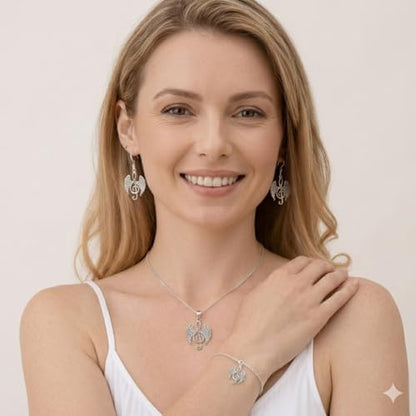 SUPAC Musical Note Jewelry Set, 4-Piece Silver Treble Clef Design, Necklace Bracelet Earrings Keychain - color: Silver/Rose Gold