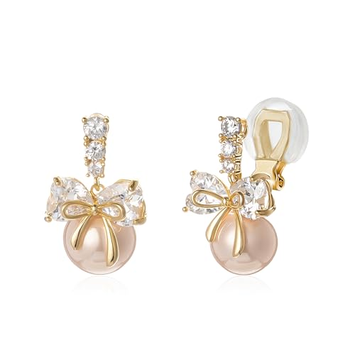 YOQUCOL Golden Bow Clip On Stub,Danle Drop Earrings for Women Simulated Pearl Christmas Xmas Bowknot Non Pierced Earrings - color: Dangle Clip-02